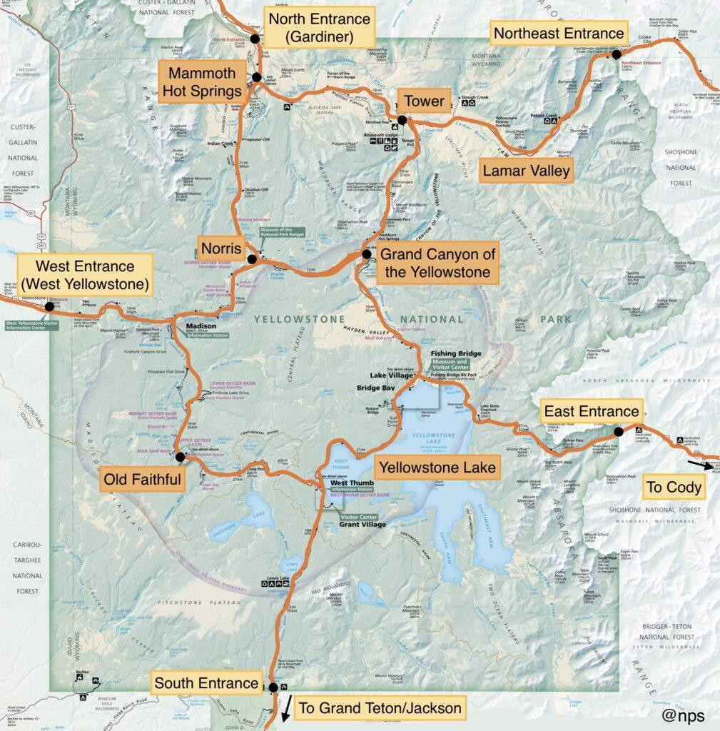 maps showing main roads and popular sites in Yellowstone