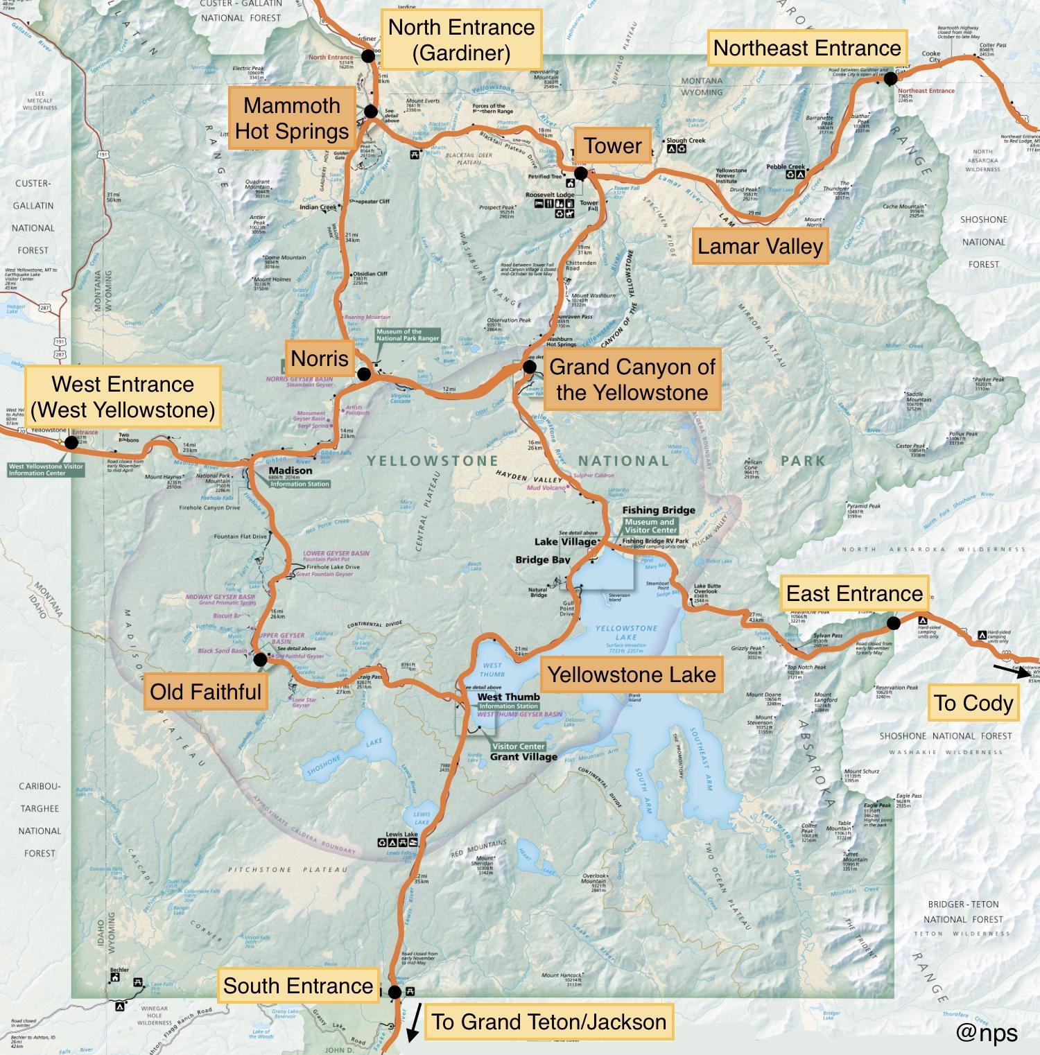 maps showing main roads and popular sites in Yellowstone