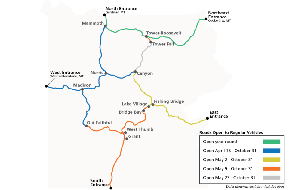 Map showing roads in Yellowstone and their opening and closing dates