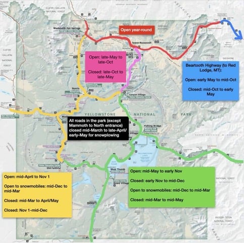 Map showing road openings and closures in Yellowstone