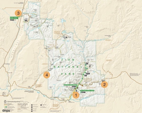 Map showing the entrances to Zion