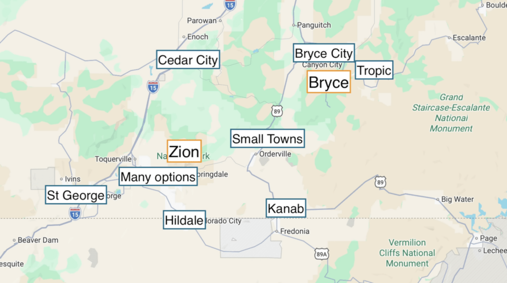 map showing cities near Zion National Park