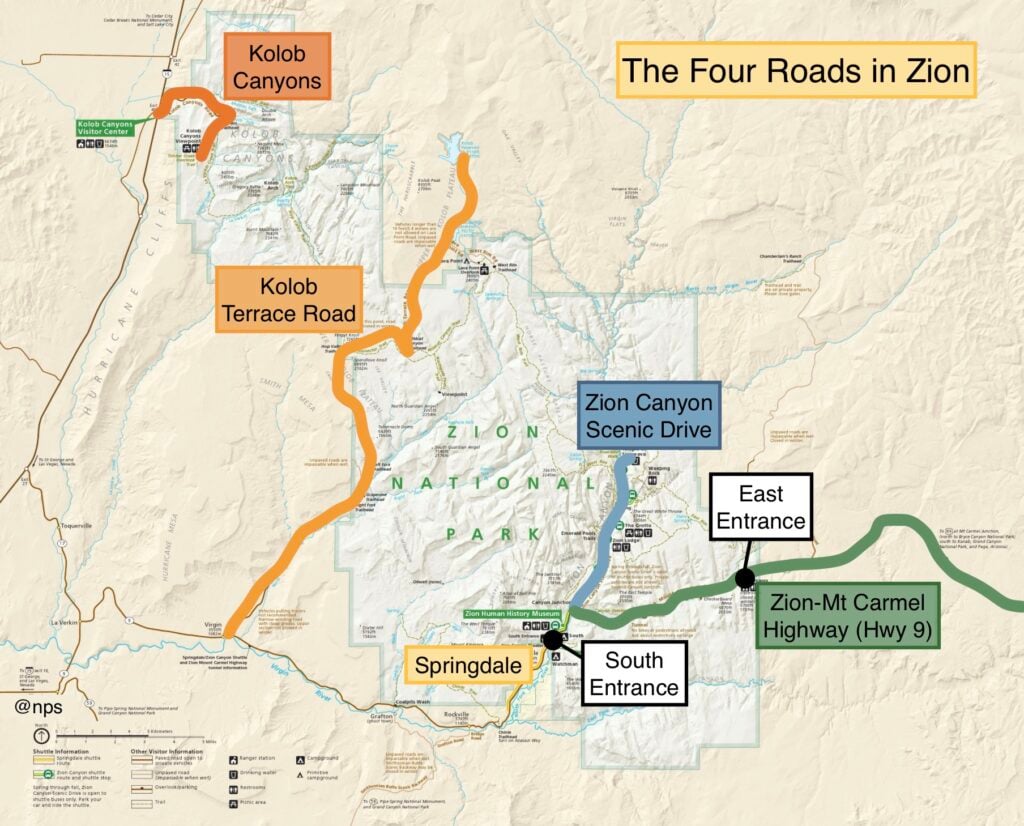 Map showing roads in Zion