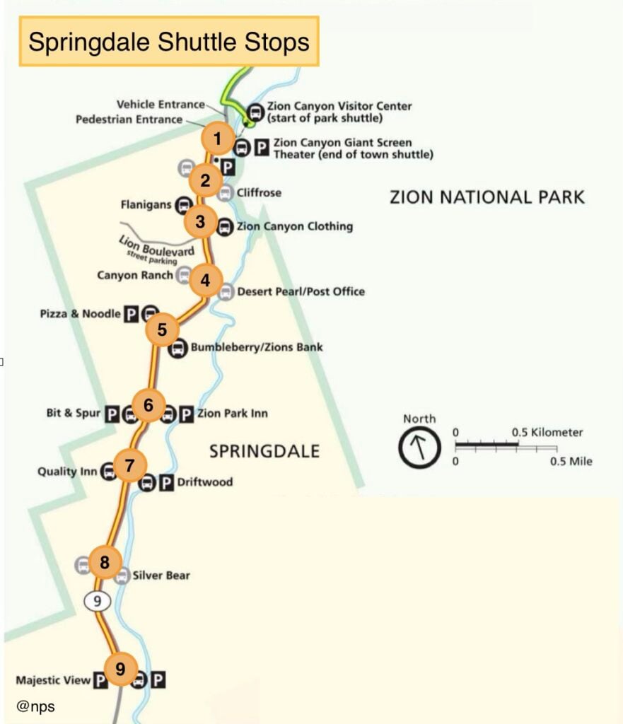 Map showing the Springdale shuttle stops