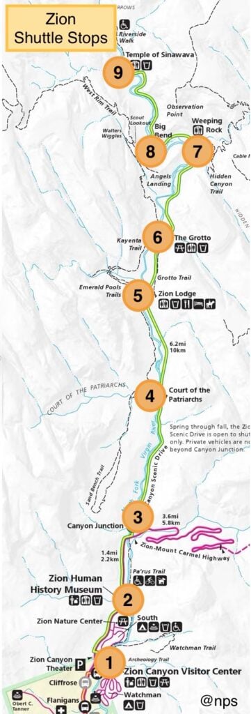 Map showing the shuttle stops in Zion Canyon