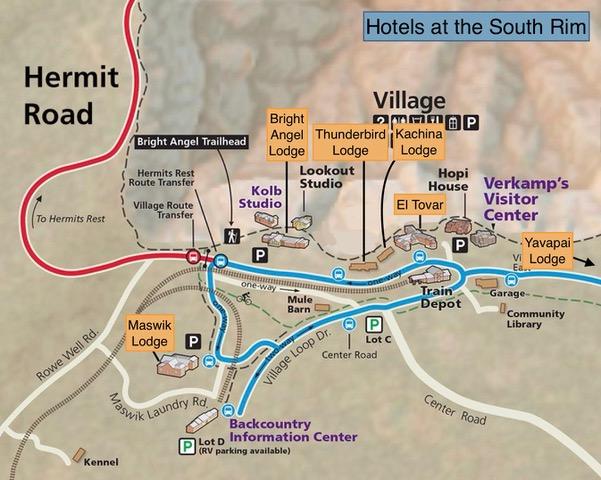 map showing hotesl at the South Rim of the Grand Canyon