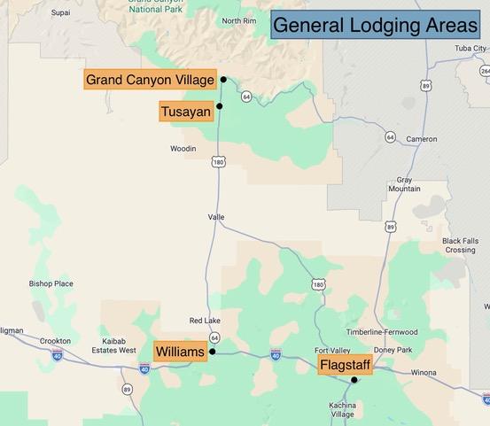 Map showing areas to stay at the South Rim of the Grand Canyon