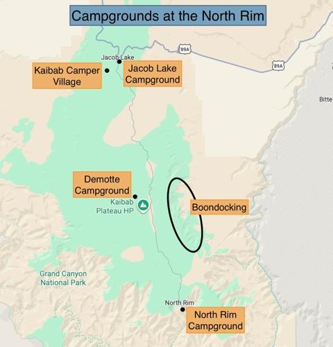 map showing campgrounds in the North Rim of the Grand Canyon