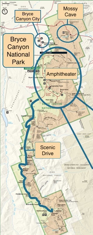 Map showing areas of Bryce Canyon