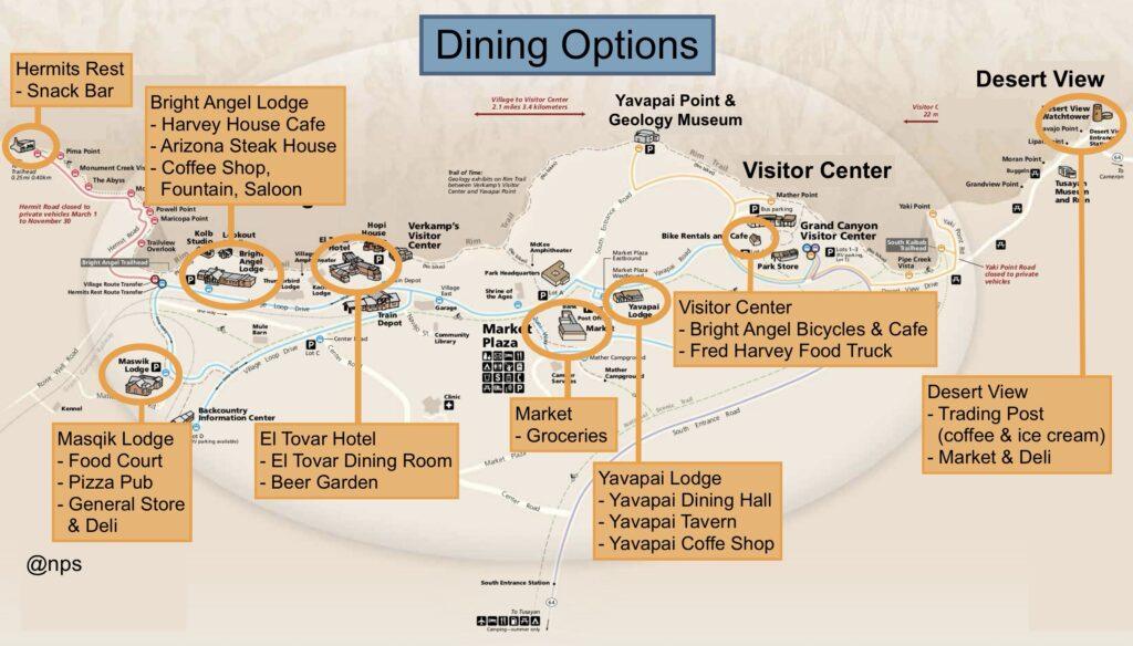 map showing dining options at the South Rim of the Grand Canyon