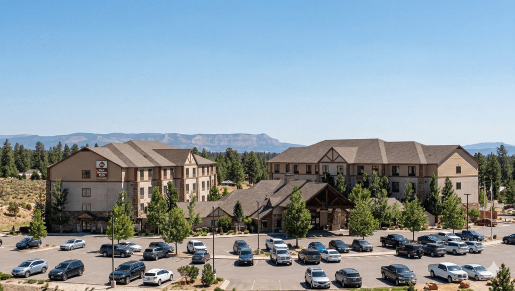 hotel with mountains in the distance