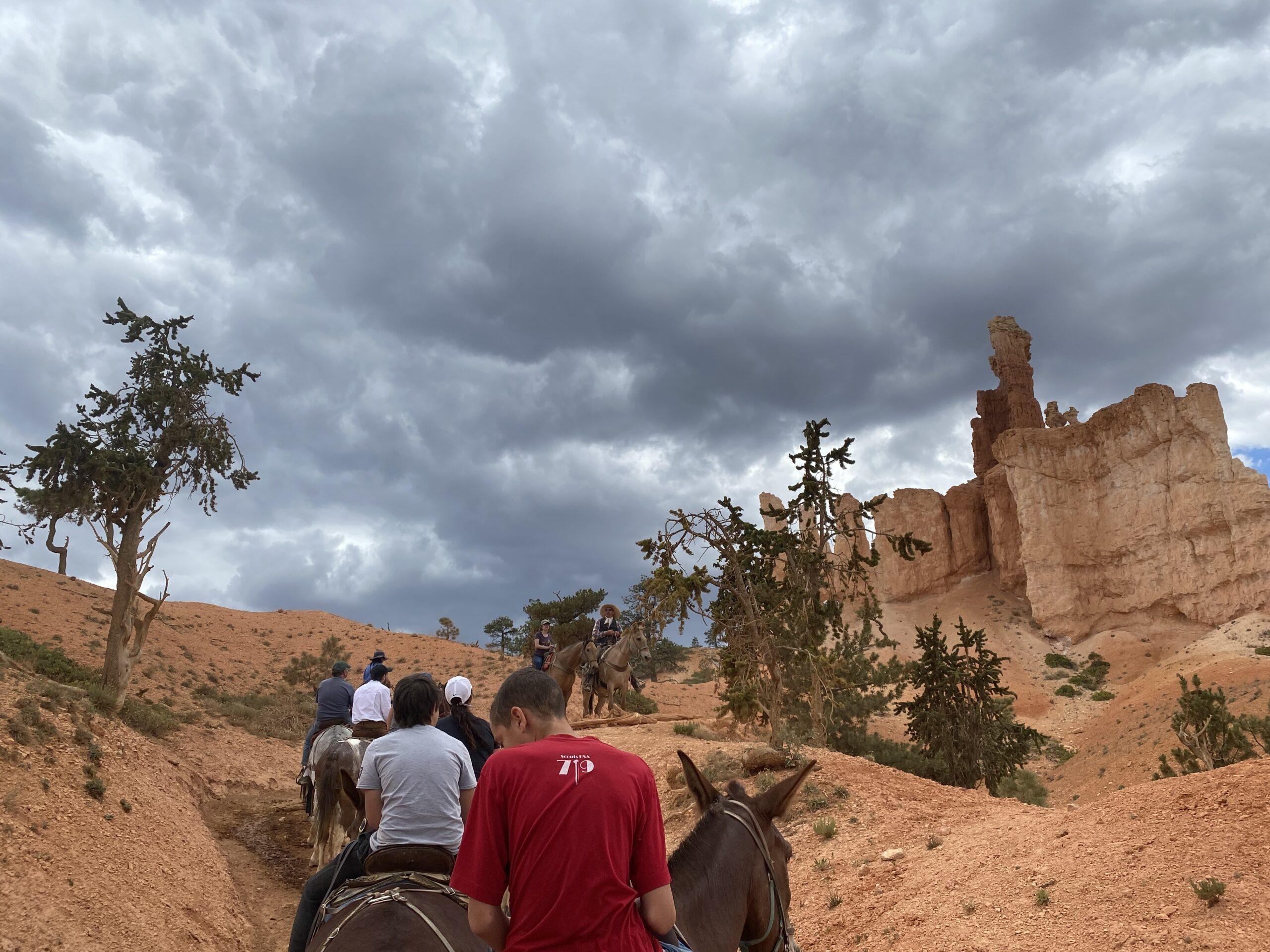 people riding on horseback through red rock canyon