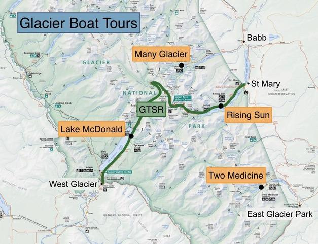 map showing where to find Glacier National Park boat tours