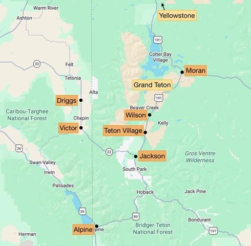 map showing areas to stay near Grand Teton