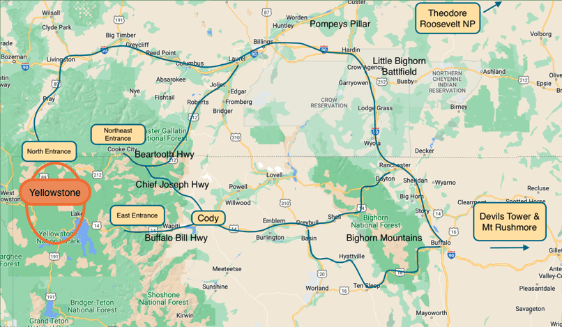 map showing directions from the East to Yellowstone