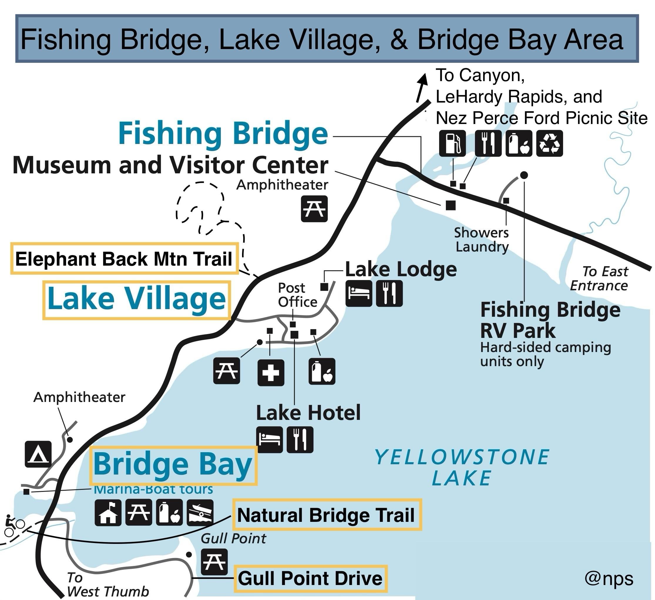 map showing fishing bridge, bridge bay and lake village areas of Yellowstone
