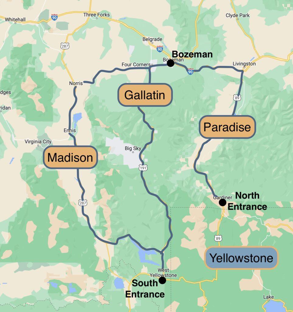 map showing routes from Bozeman to Yellowstone