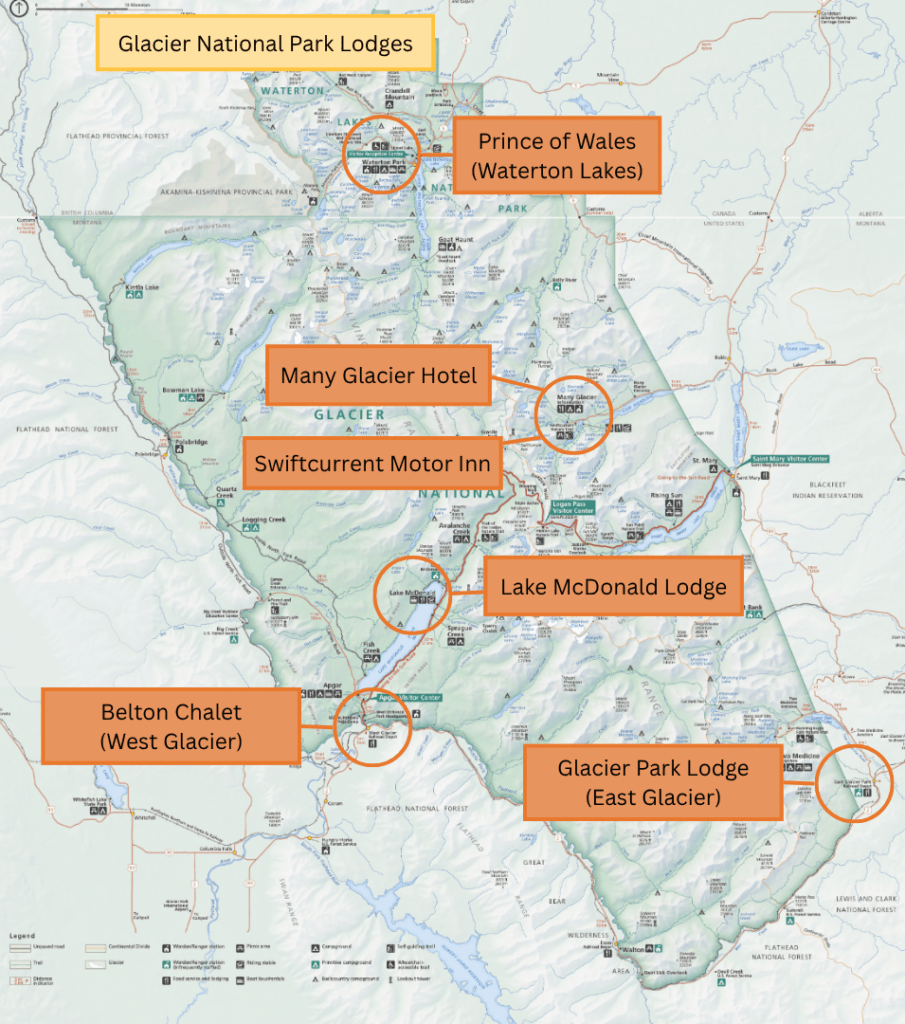 map showing locations of lodges in Glacier National Park