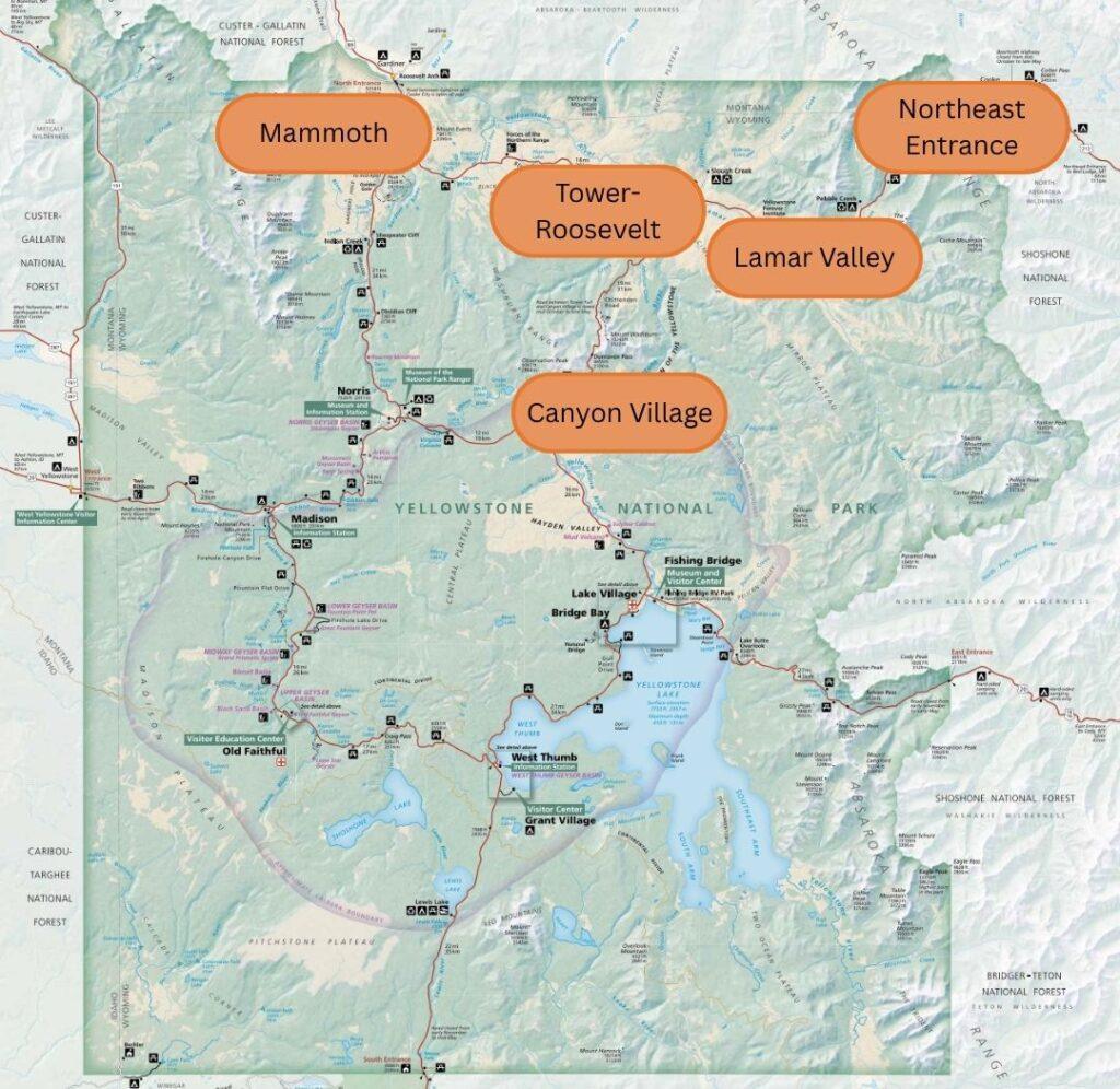 map showing popular areas of Northern Yellowstone