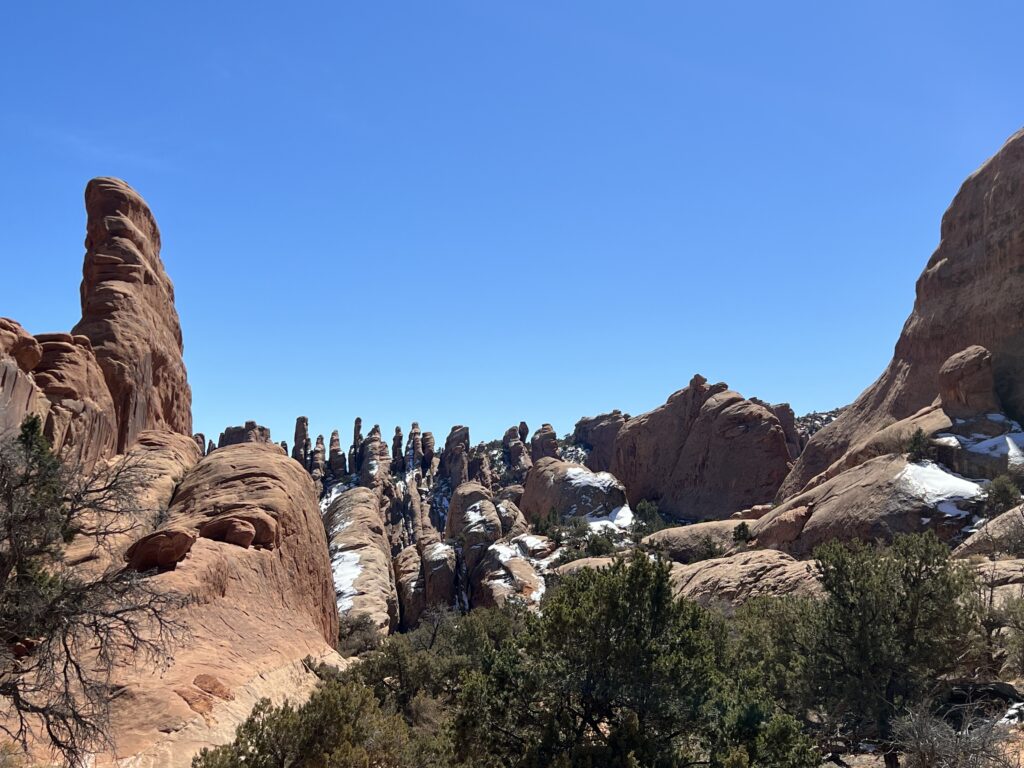 Devils Garden rock formations in the distance with snow