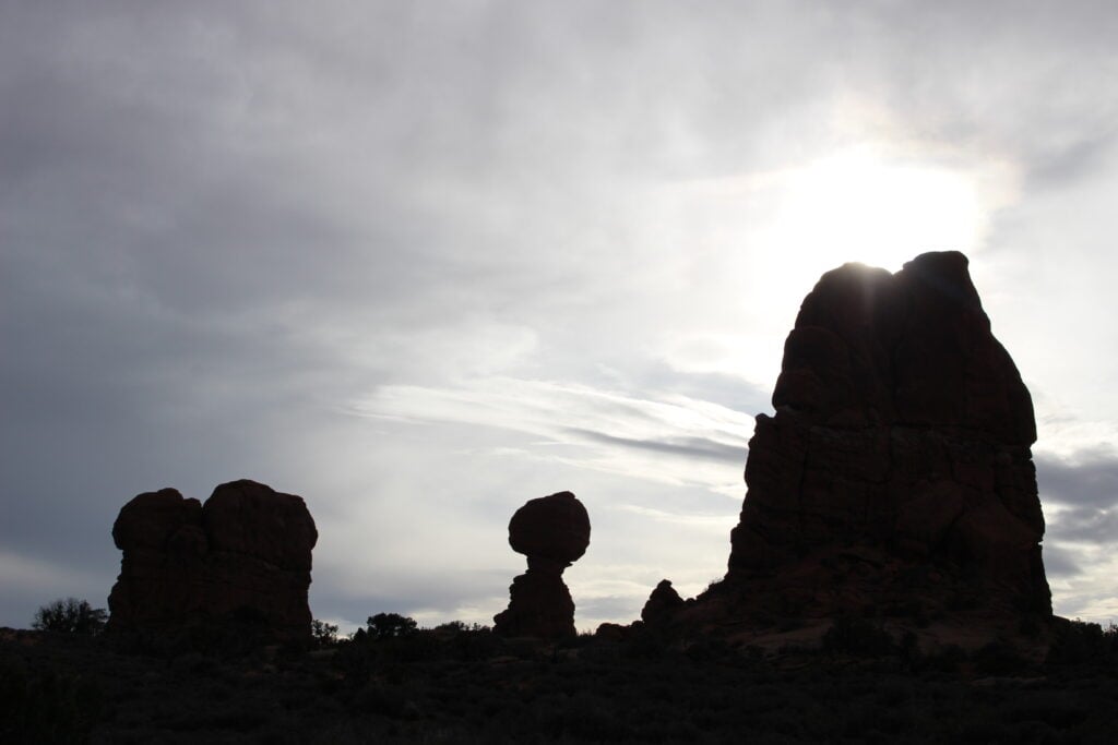Balanced Rock at Arches National Park on a cloudy day