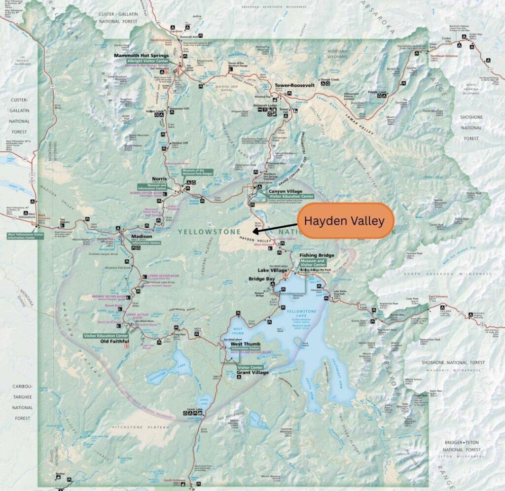 map showing where Hayden Valley is in Yellowstone
