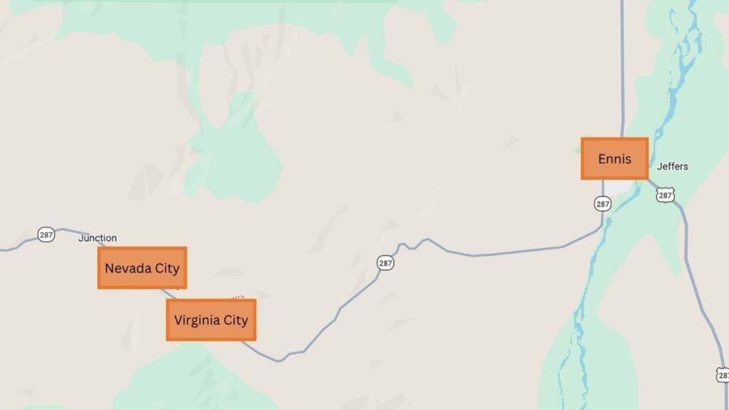 Map of Nevada City and Virginia City from Ennis, MT