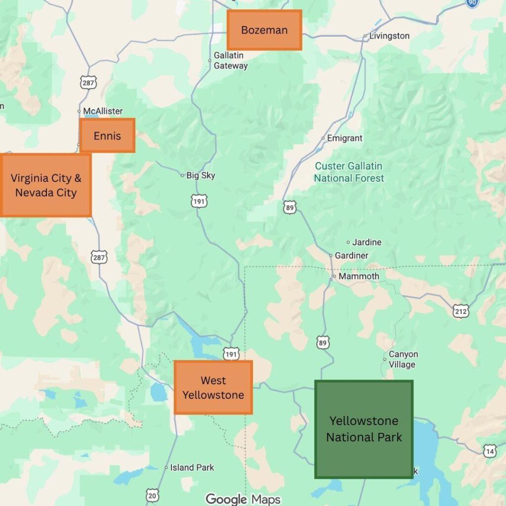 map showing driving routes from Yellowstone to Bozeman and Virginia City and Nevada City