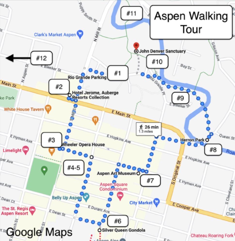 map showing directions for Aspen Walking Tour
