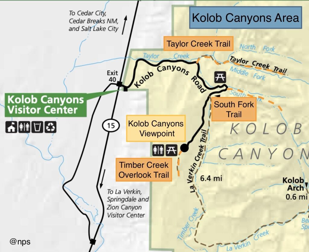 map showing location and sites of Kolob Canyons