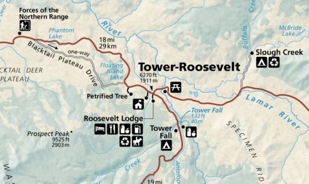 map showing the Tower Roosevelt area of Yellowstone