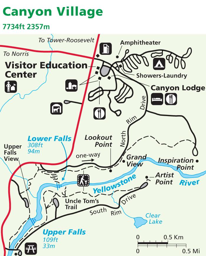 map showing the Canyon Village area of Yellowstone