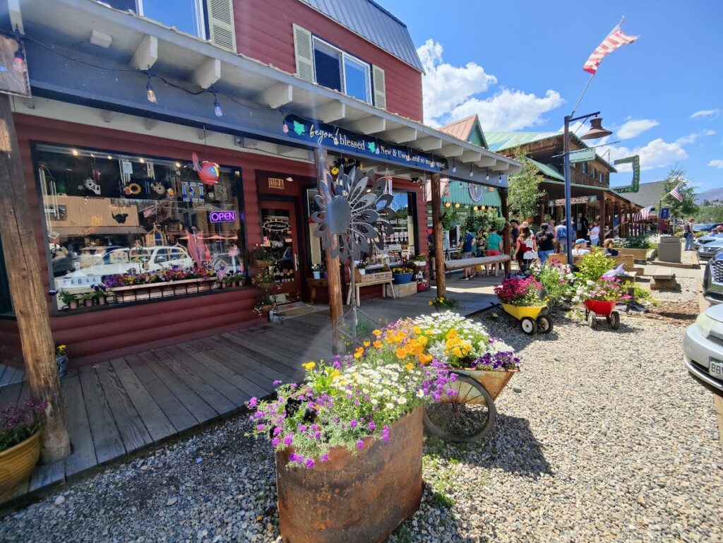 shops, flower pots, boardwalk sidewalks