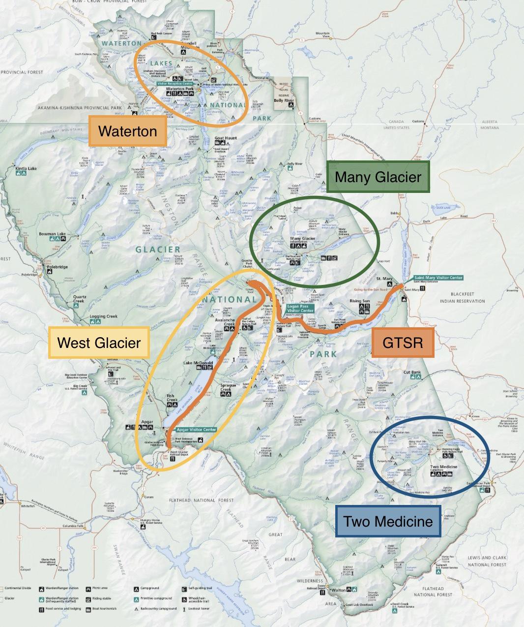 map showing areas of Glacier National Park