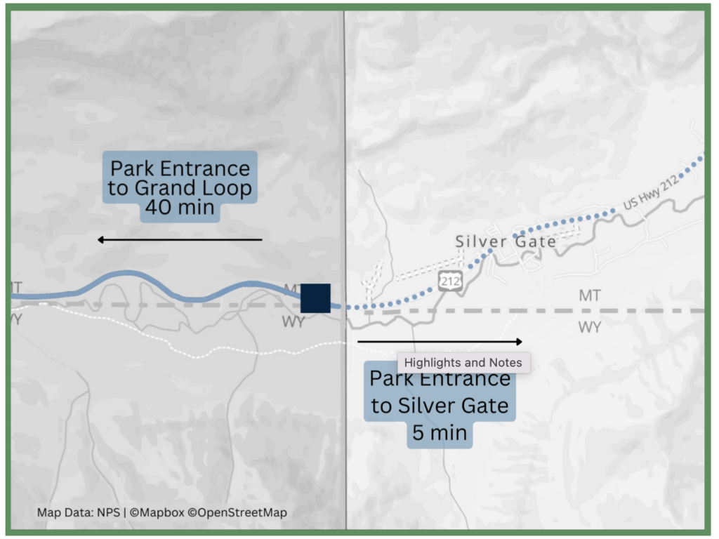 Map of distance from Yellowstone Northeast entrance