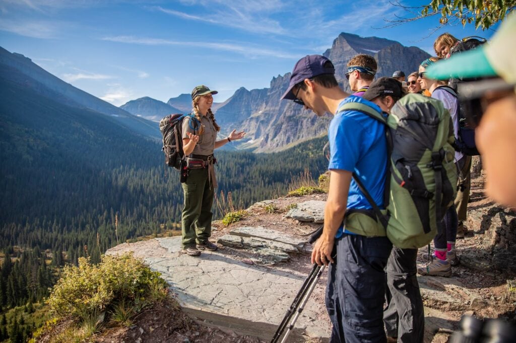 Park ranger talking to group in Glacier National Park