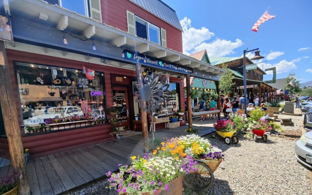shops, flower pots, boardwalk sidewalks
