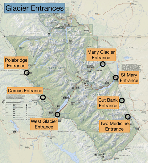map showing the entrances to Glacier National Park