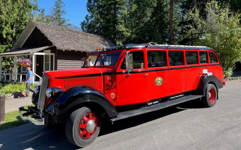 red bus in Glacier National Park
