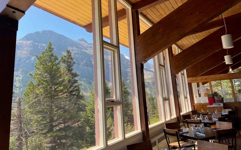 windows in dining room of two dog flats restaurant