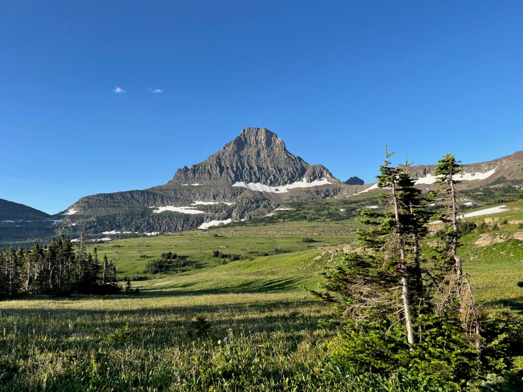view of mountain peak in Logan Pass in Glacier