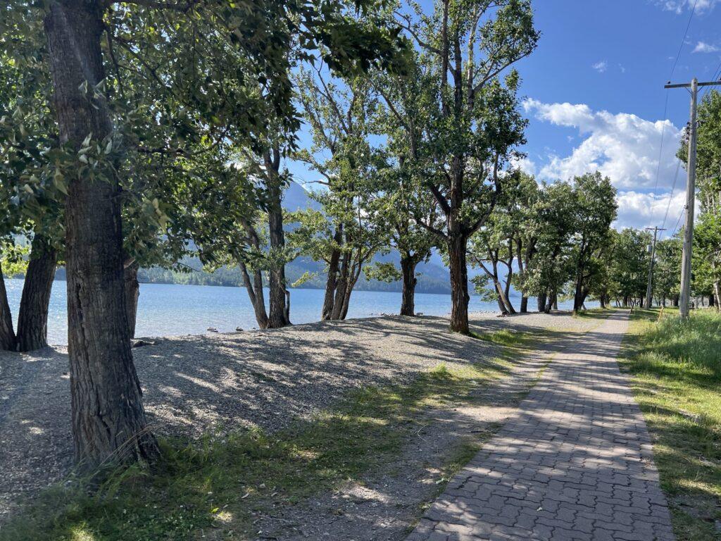 brick pathway through trees next to lake in Waterton, Canada