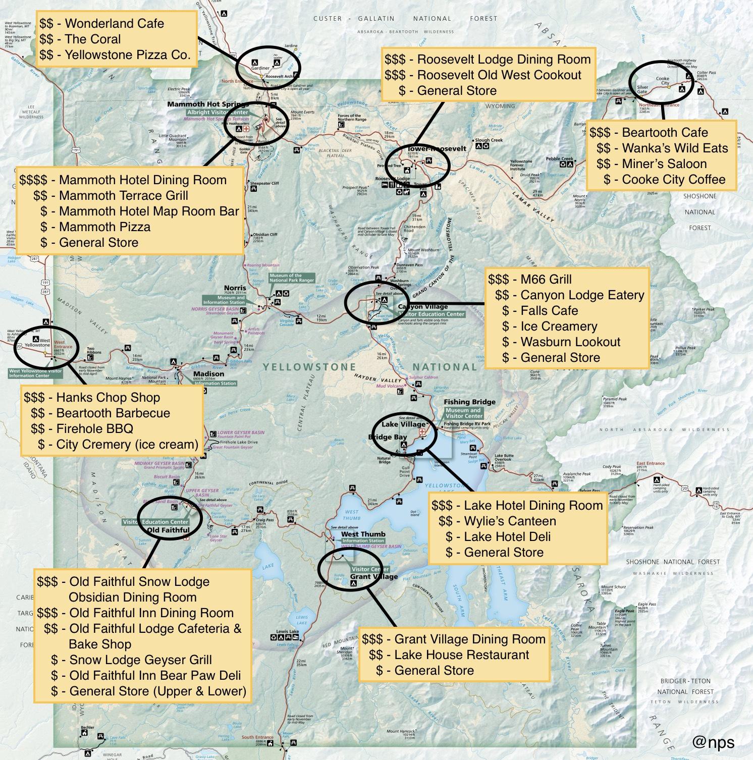 map of dining in Yellowstone