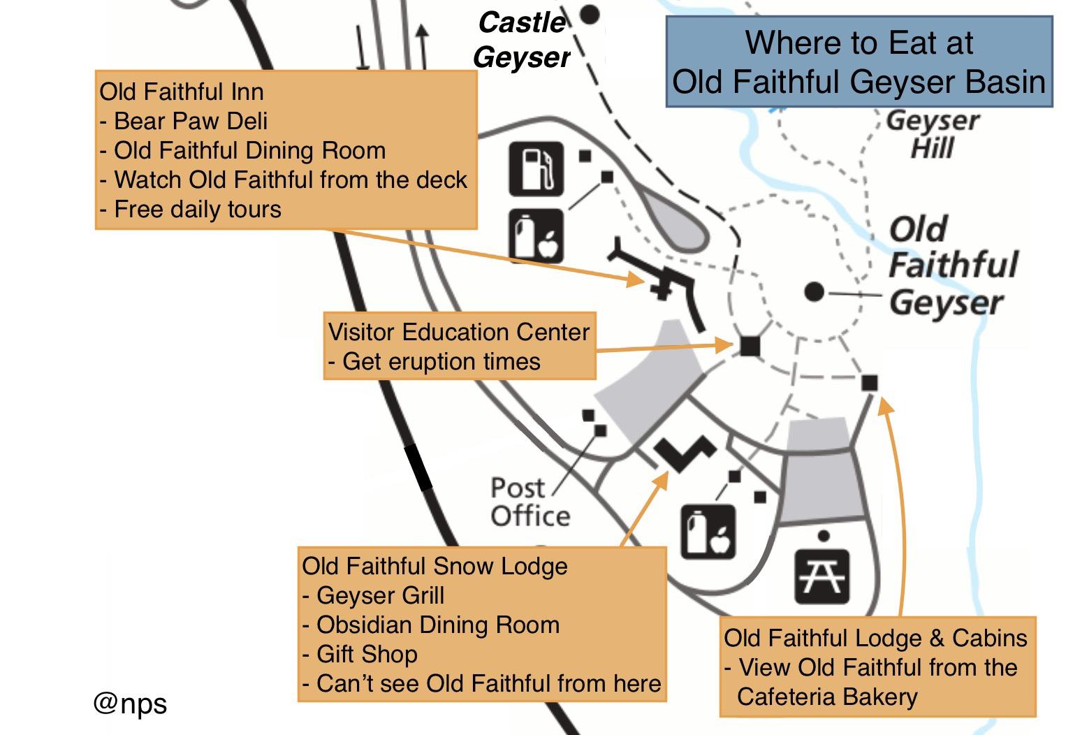 Map showing where to eat and watch Old Faithful