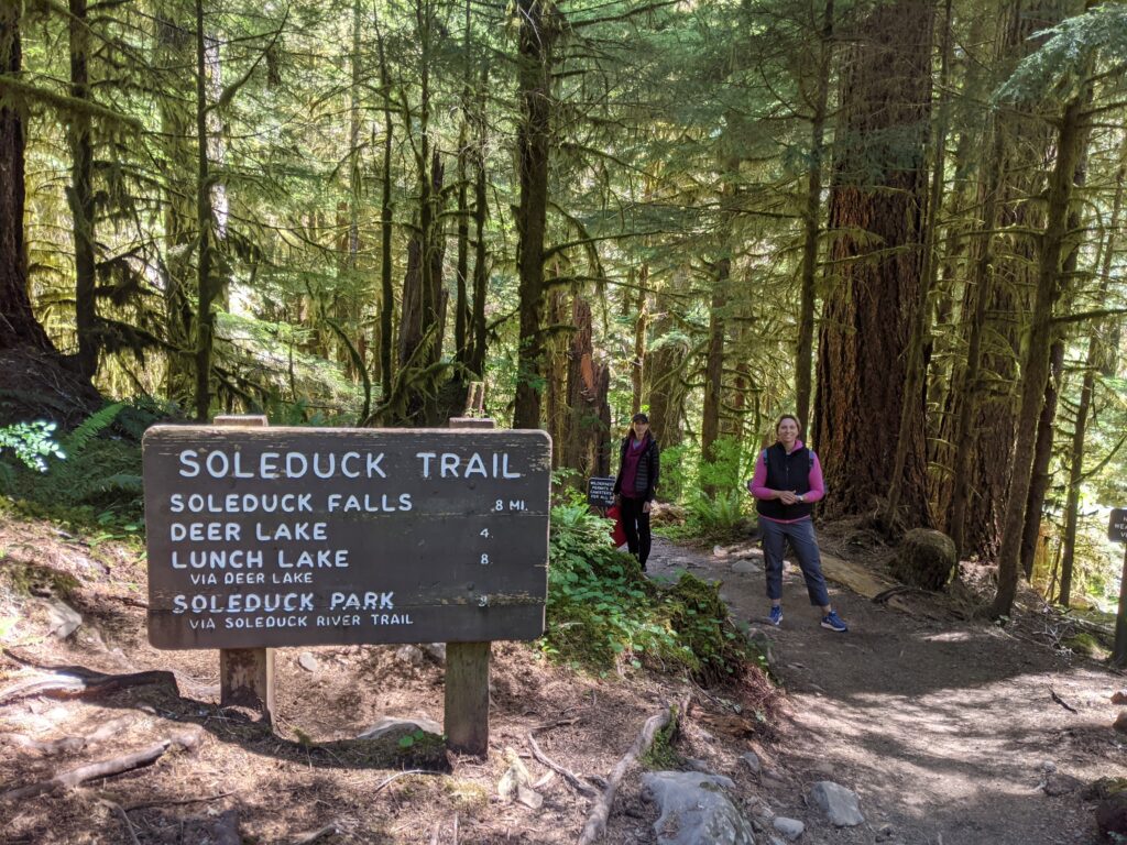 people standing near hiking trail sign
