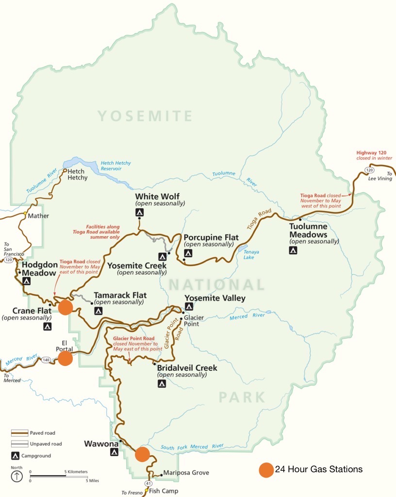 Map showing gas stations in Yosemite