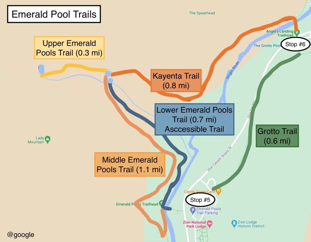 Map showing trails to Emerald Pools