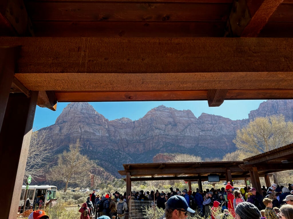 people waiting in line for the Zion Canyon shuttle