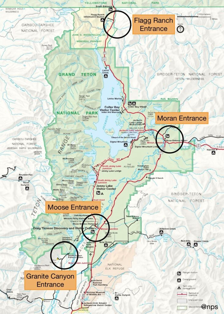 Map showing the four entrances to Grand Teton