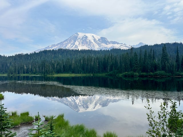 Mount Rainier in distance behind lake